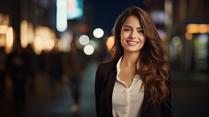 Beautiful business lady in middle of street with bokeh effect