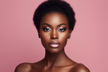 Beauty portrait of young african american woman on pink background.Generative Ai