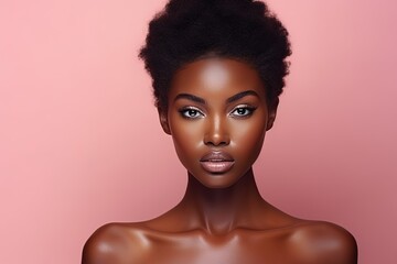 Beauty portrait of young african american woman on pink background.Generative Ai