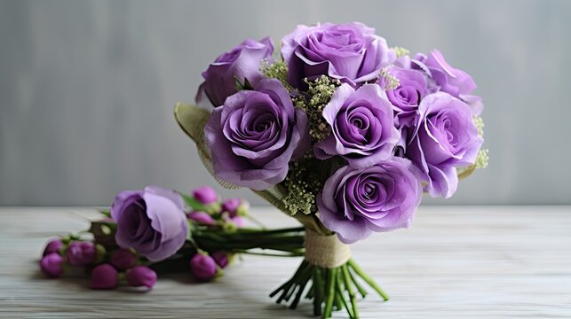 a bouquet of purple roses on table with flowers