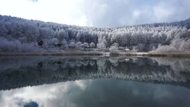 日本の長野県、聖高原の池に映る霧氷の雪景色