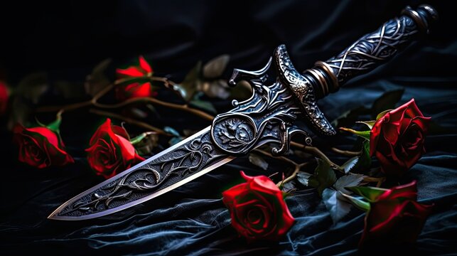 a dagger with rose on black background 