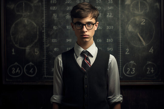 Student with glasses near blackboard with formulas. Concept science, learning. 