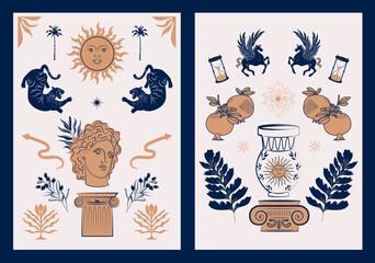 Collection of Greek ancient posters with mythology and mystical elements. Editable print art.