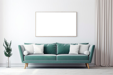 Teal sofa and big mockup poster frame on white wall. Scandinavian interior design of modern living room
