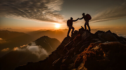 Hiker helping friend up a mountain at sunrise. People helping each other giving a helping hand to other hike up a mountain. Helps and team work concept