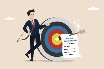 Mission completed, strategy or value business goals, mission, vision and values, motivation or goals, entrepreneurs succeed in targeting the company's mission. Successful businessman illustration.