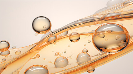 Beautiful floating golden oil bubbles in water against a light golden gradient backdrop