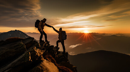 Hiker helping friend up a mountain at sunrise. People helping each other giving a helping hand to other hike up a mountain. Helps and team work concept - obrazy, fototapety, plakaty