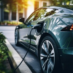 Fototapeta premium Electric car ev charging on city street electric power supply station with power cable