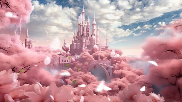 autumn fantasy fairytale dream pink castle with sakura flowers tree. seamless loop infinite 4k animation