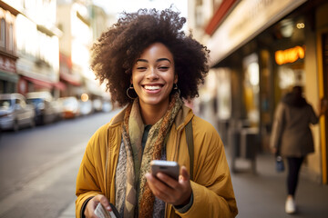 Portrait of beautiful young woman walking in the city holding phone, happy Young woman using smartphone walking through city street - Powered by Adobe