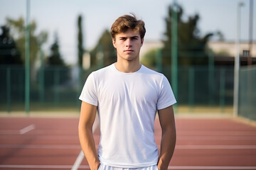 Portrait of attractive handsome young tennis player on a tennis court
