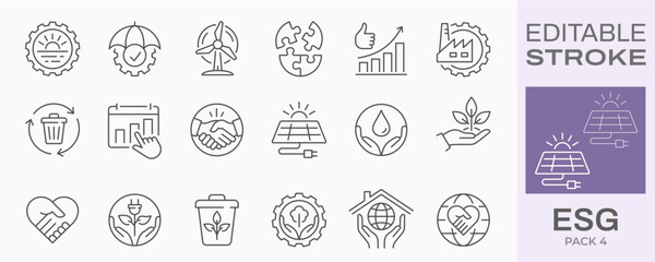 ESG icons, such as environment social governance, risk management, financial performance, solar energy and more. Editable stroke.