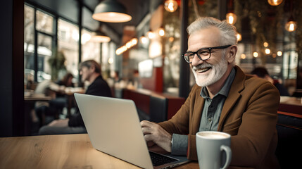 Happy old man working on laptop in a cafe restaurant. Busy mature professional business man using laptop sitting in cafe.