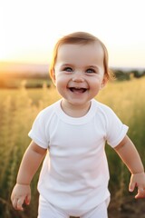 Caucasian white baby boy in pure white onesies, mockup of a toddler apparel in the field, lifestyle emotions. Place for text, kids clothes.