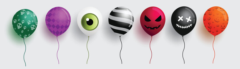 Halloween balloons elements set vector design. Balloons halloween inflatable elements in scary, spooky and creepy pattern and symbol decoration. Vector illustration balloons party collection. 
