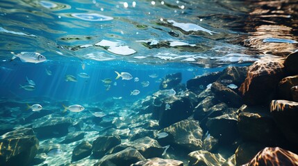 Naklejka na ściany i meble a group of fish swimming over rocks in the ocean water. generative ai