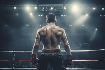 Back view of professional boxer fight in ring with spot lighting, confident boxer standing inside boxing ring in stadium - Powered by Adobe