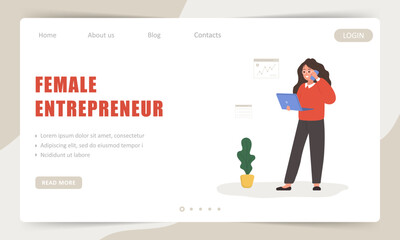 Female entrepreneur landing page template. Successful woman talking on phone and holding laptop. Modern office worker or business expert. Vector illustration in flat cartoon style.