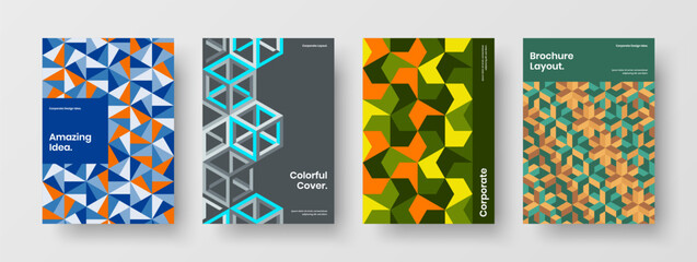 Clean mosaic shapes annual report concept bundle. Amazing company cover design vector illustration composition.