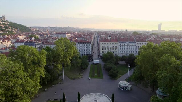 4K drone sunrise. Lyon is the third-largest city of France. The city is recognised for its cuisine and gastronomy, as well as historical and architectural landmarks.