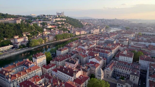 4K drone sunrise. Lyon is the third-largest city of France. The city is recognised for its cuisine and gastronomy, as well as historical and architectural landmarks.
