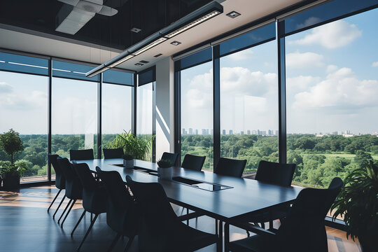 Empty cleaned meeting room with a beautiful clear light view from the window, beautiful corner conference room with sky view