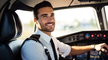 Portrait of handsome cheerful young man pilot with sitting in cockpit getting ready for flying, handsome airplane pilot smiling in cabin