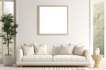 White minimalist living room interior with sofa on a wooden floor, decor on a large wall,