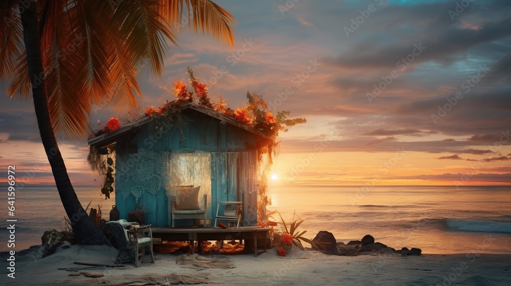 Poster a hut on a beach with a palm tree in the foreground. generative ai