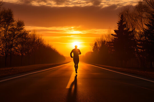 Silhouette of a man running on road at evening sunset. Back view of athlete runner jogging on road at sunset with sun in the background. Health activities