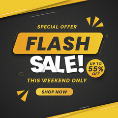 Flash Sale banner with black background and special offer up to 55%. This Weekend Only. Shop Now. Flash Sales banner template design for social media and website. 55% off.