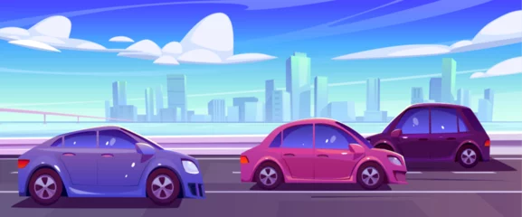 Fotobehang Auto cartoon City road street and car traffic vector background. Skyscraper cityscape cartoon panorama with cloud and building silhouette on sunny river coastline. Urban embankment speedway for game wallpaper