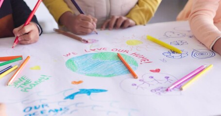 Group of children in classroom, drawing and art for earth day, eco friendly education and kindergarten. Creative color poster project, class of school kids together, saving the planet and environment