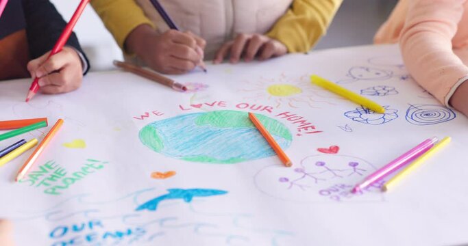 Group of children in classroom, drawing and art for earth day, eco friendly education and kindergarten. Creative color poster project, class of school kids together, saving the planet and environment