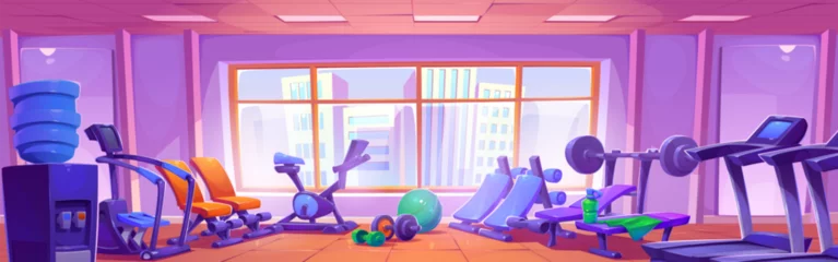 Zelfklevend Fotobehang Gym interior with cardio and strength training equipment in front of large window. Cartoon vector sport club with treadmill, exercise bike, benches and dumbbells for healthcare and active lifestyle. © klyaksun