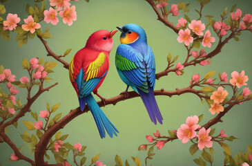 Two colorful birds on a tree branch surrounded by pink flowers.