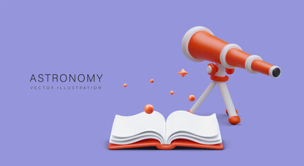 Astronomical concept. 3D telescope on tripod, notebook for records. Observation of space. Remote study. Calculation of movement of celestial bodies. Color vector banner