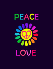 Poster with colorful daisy in rainbow color petals, hippie sign in heart shape and love hippie lettering on black background for shirt fashion design, bag or hoodie print, hippy party