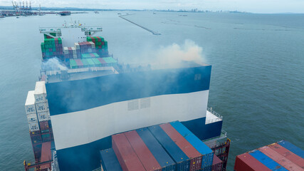 Smoke exhaust gas emissions from cargo lagre ship,Marine diesel engine exhaust gas from combustion,...
