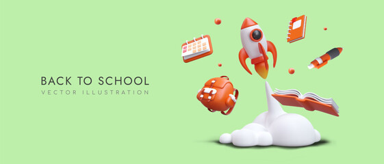 Back to school concept. Space rocket goes on journey among stationery. Beginning of new course, study. Horizontal banner on green background. Stationery store template. School, college advertisement