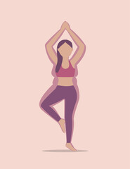 Fat woman training in yoga position, before and after exercising and diet,Vector illustrations.