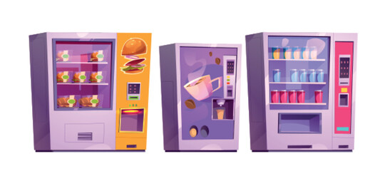 Set of vending machines isolated on white background. Vector cartoon illustration of automated slot dispensers for selling snacks, hot drinks and cold beverages, burgers and soda cans on shelves