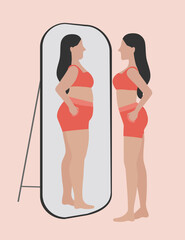 Woman losing weight and wearing exercise clothes,posing near mirror, woman feeling satisfied with results of her diet and slimming,Vector illustrations. - 641601363