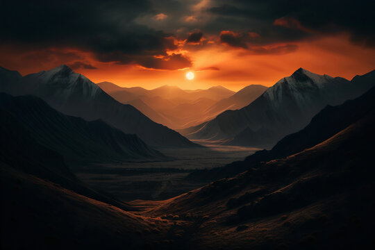black mountain at sunset, dramatic landscape illustration