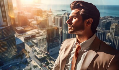 A man in a suit stands on the roof of a tall building and looks into the distance - Powered by Adobe