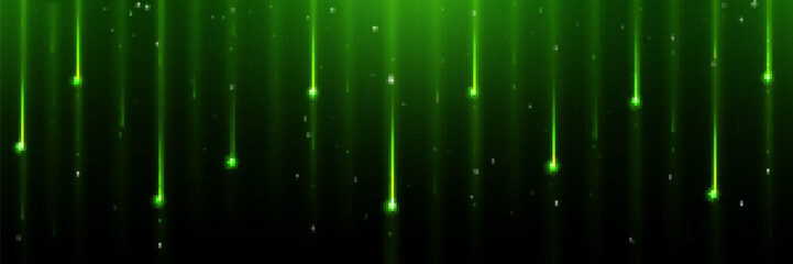 Green star or comet shower rain space background. Color meteor fall with glitter dust and sparkle. Magic luxury award curtain with firework particle. Meteorite falling tail effect glamour illustration