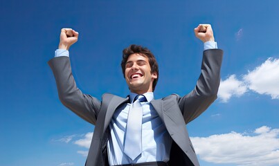 Photo of a man in a suit and tie raising his fists in a gesture of victory or celebration