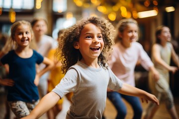 Fototapeta premium Group Of Children Enthusiastically Learning Dance Move, Generative AI